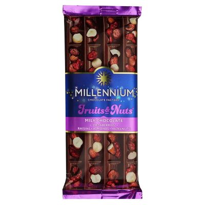 شکلات تخته ای میلینیوم با مغز بادام درختی،فندق،کشمش و کرنبری (90گرم)